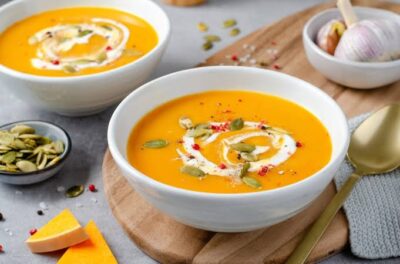 Rețeta care a cucerit toamna asta: supă cremă de dovleac copt cu feta și usturoi caramelizat