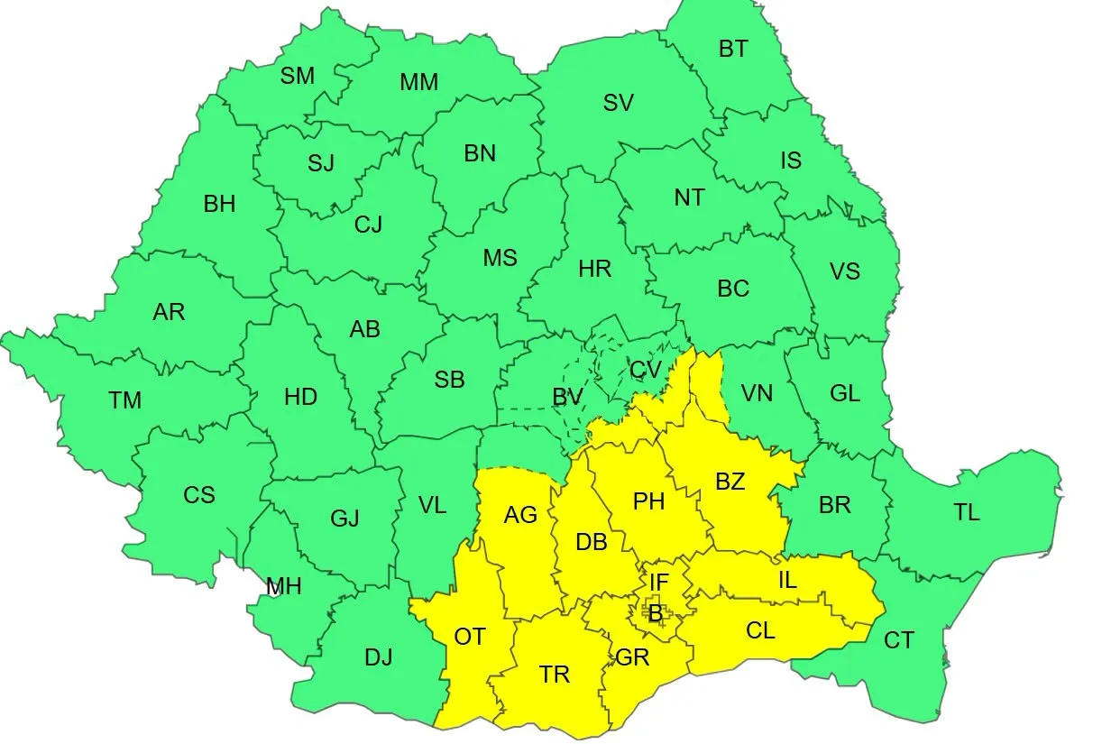 Cod galben de ploi abundente în mai multe regiuni. Unde se pot acumula până la 50 de litri pe metru pătrat
